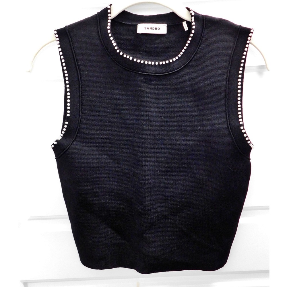 Sandro Sleeveless Faux Pearl Embellished Knit‎ Round Neck Black Crop Top Size 1